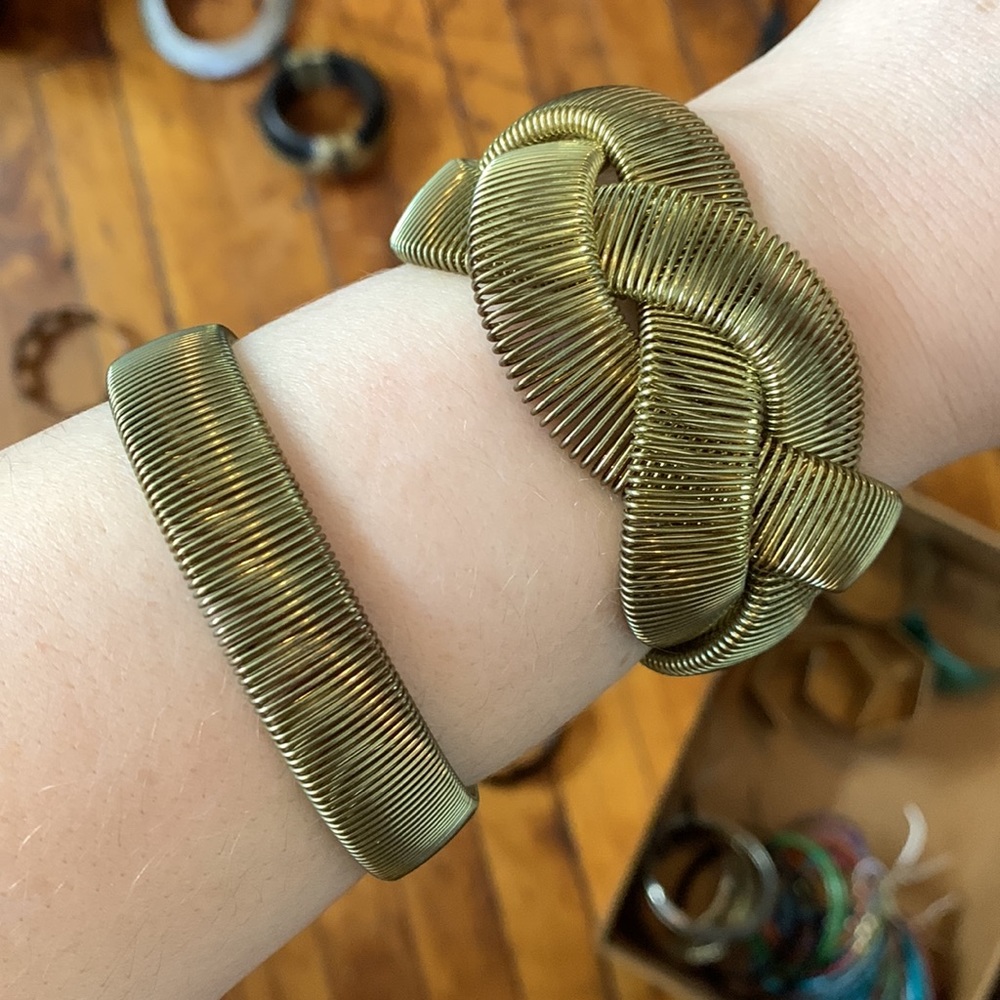 Set of Two Burnished Gold Wire Stretch Bangle Bracelets